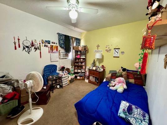 carpeted bedroom featuring ceiling fan