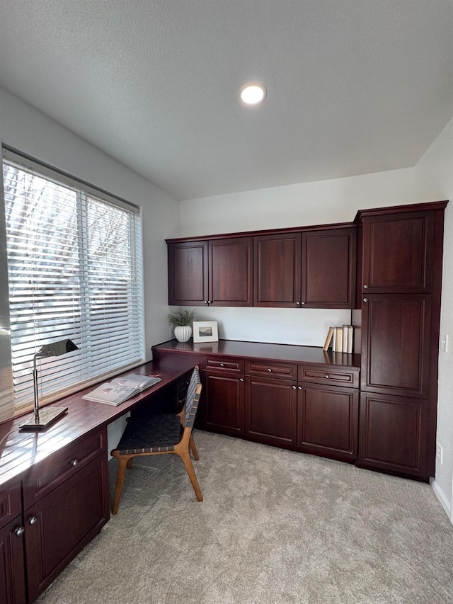 carpeted office space with a textured ceiling