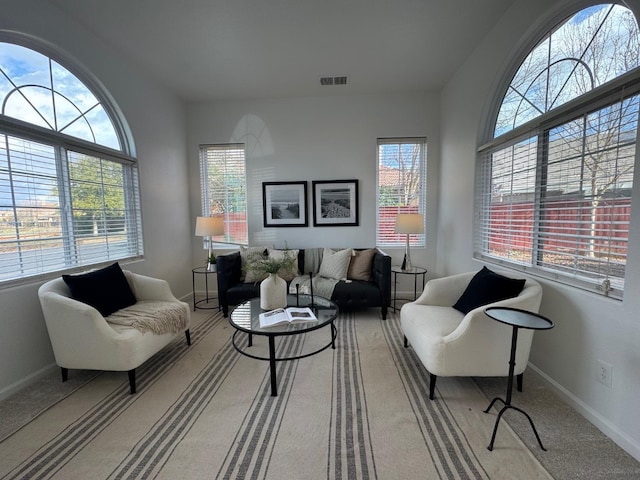 living area featuring carpet flooring