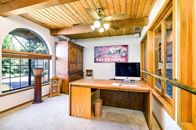 carpeted home office featuring ceiling fan, wood ceiling, and beam ceiling