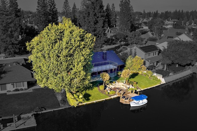 aerial view featuring a residential view and a water view