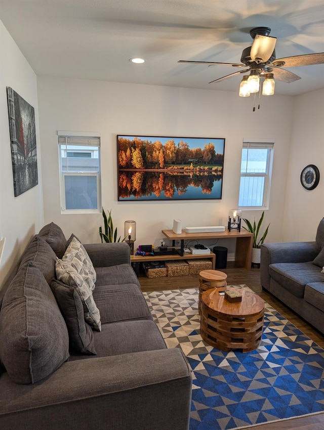 living room featuring ceiling fan