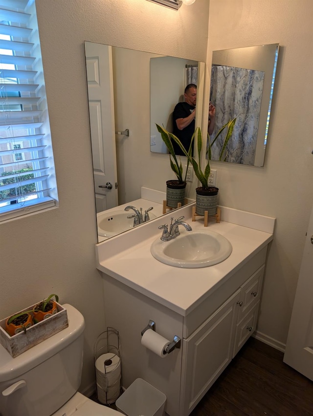 bathroom featuring vanity, wood-type flooring, plenty of natural light, and toilet