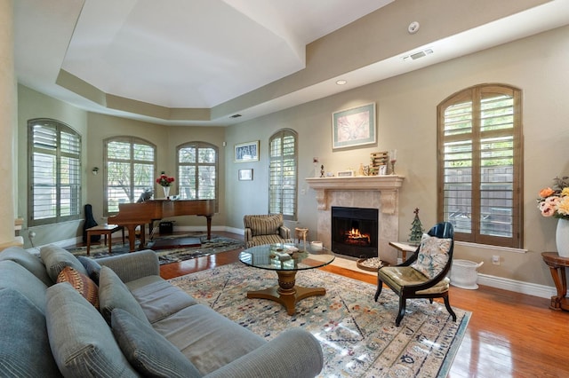 living room with a raised ceiling, a fireplace, and light hardwood / wood-style flooring