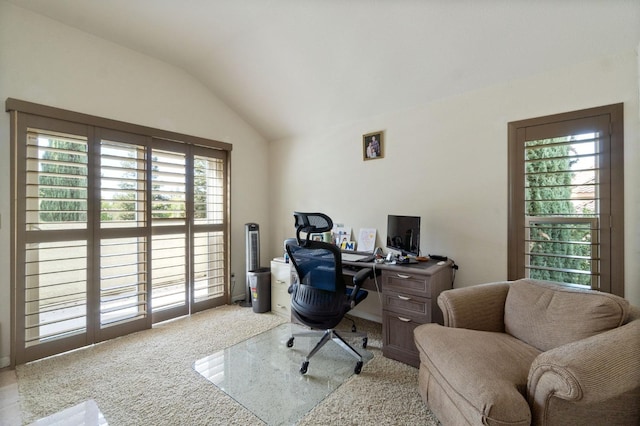 carpeted office space featuring a healthy amount of sunlight and lofted ceiling