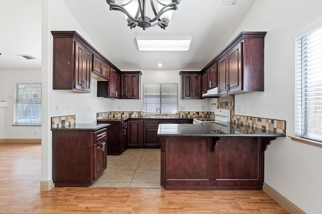 kitchen with light hardwood / wood-style floors, white electric range oven, kitchen peninsula, dark brown cabinetry, and pendant lighting