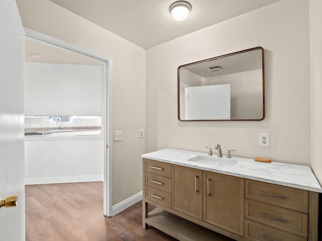 bathroom with hardwood / wood-style flooring and vanity