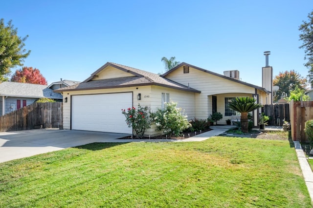 ranch-style home featuring a garage, a front lawn, and central air condition unit