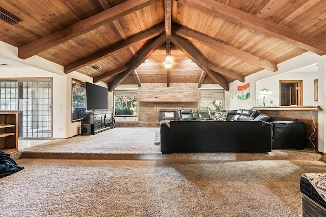 living room featuring carpet, lofted ceiling with beams, and wooden ceiling