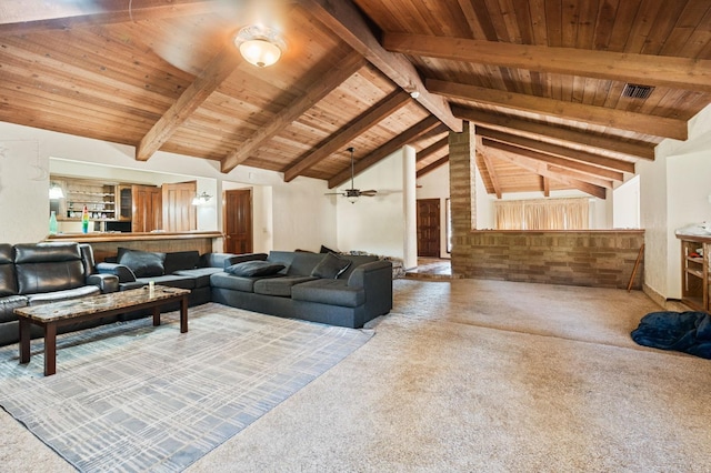 living room featuring carpet, ceiling fan, vaulted ceiling with beams, and wood ceiling