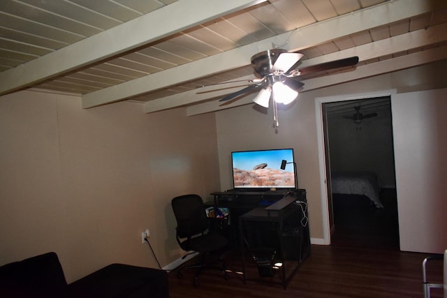 home office with ceiling fan, beamed ceiling, and dark hardwood / wood-style floors