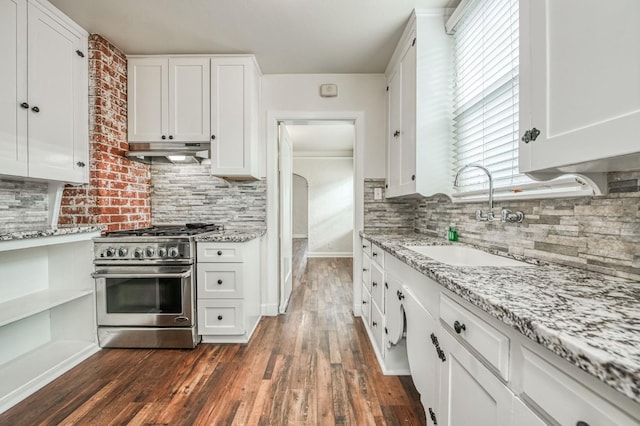 kitchen with white cabinetry, sink, and high end stainless steel range oven