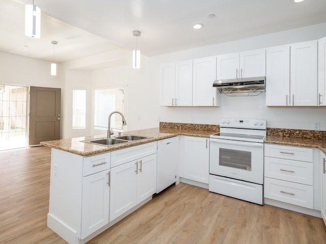 kitchen featuring range with electric stovetop, pendant lighting, white cabinetry, and white dishwasher