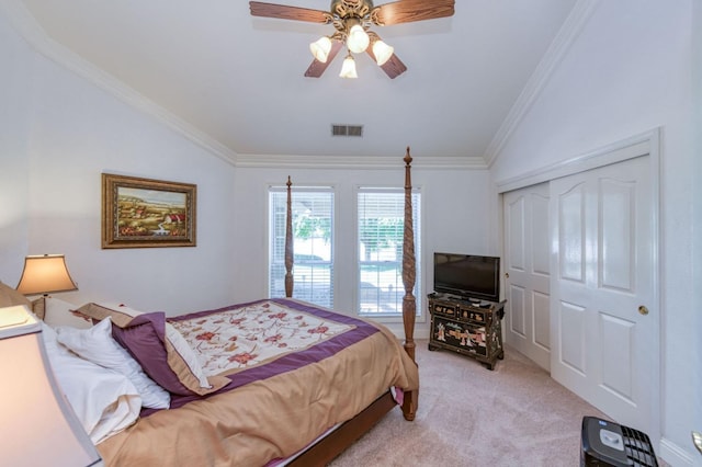 11333 E Church Ave, Sanger, CA 93657 - bedroom with light carpet, ornamental molding, a closet, lofted ceiling, and ceiling fan