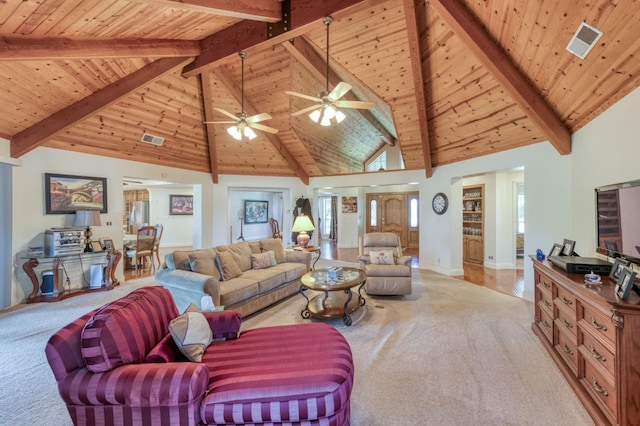 11333 E Church Ave, Sanger, CA 93657 - carpeted living room featuring wood ceiling with exposed beams, high vaulted ceiling, ceiling fan, and baseboards