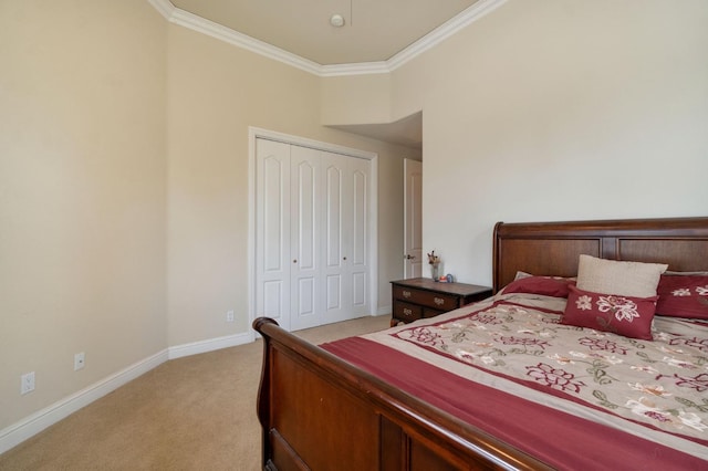 bedroom featuring light colored carpet, a closet, and ornamental molding