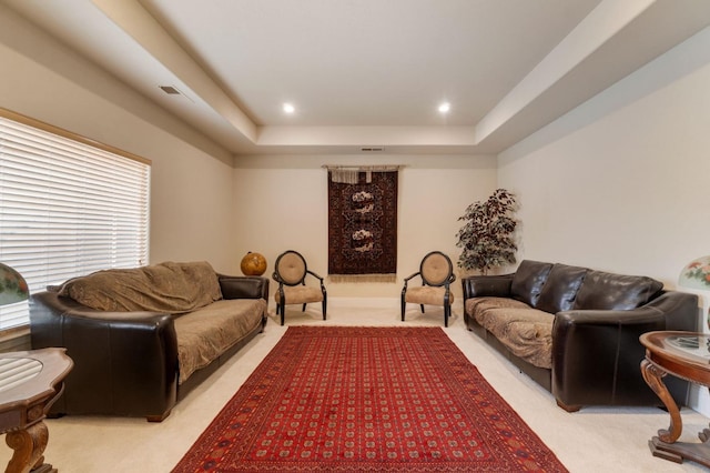 living room with light colored carpet and a raised ceiling