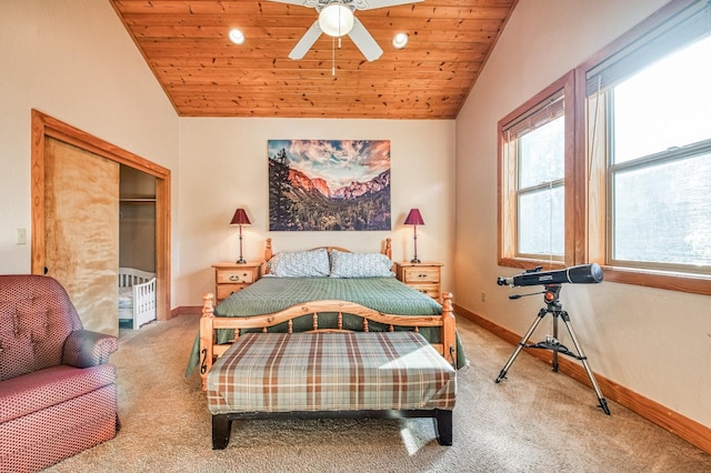 bedroom with wooden ceiling, ceiling fan, vaulted ceiling, and carpet