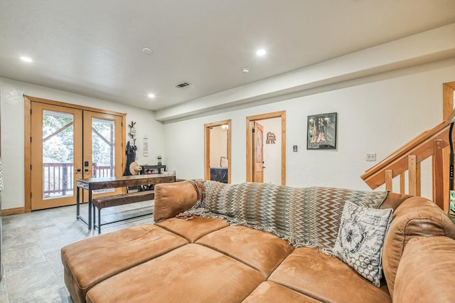 tiled living room with french doors