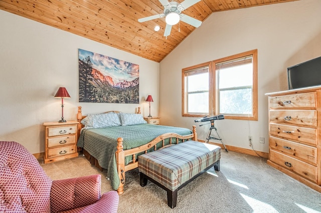 carpeted bedroom with ceiling fan, wood ceiling, and lofted ceiling