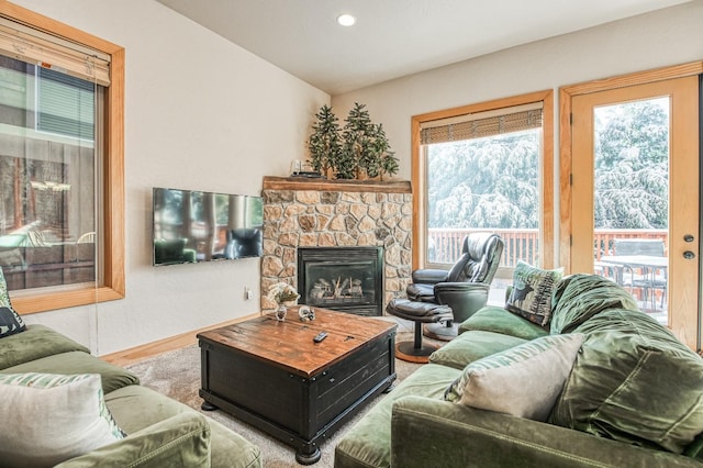 living room with a fireplace and hardwood / wood-style flooring