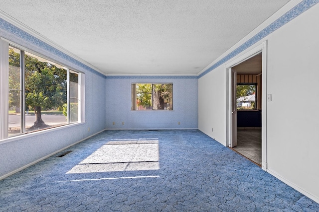 unfurnished room featuring crown molding, a wealth of natural light, a textured ceiling, and carpet flooring