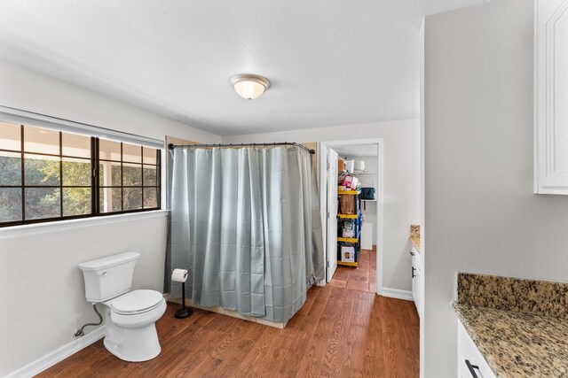bathroom with hardwood / wood-style floors, vanity, a shower with shower curtain, and toilet