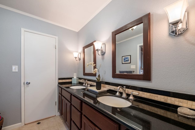 bathroom featuring backsplash, crown molding, tile patterned flooring, and vanity