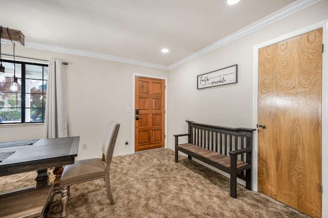 carpeted office space with ornamental molding