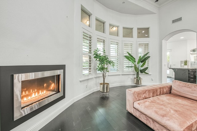 living room with crown molding, a towering ceiling, and dark hardwood / wood-style floors