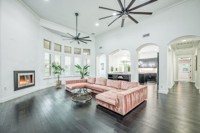 living room featuring a high ceiling, dark wood-type flooring, and a healthy amount of sunlight