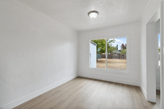 empty room with light hardwood / wood-style flooring and ornamental molding