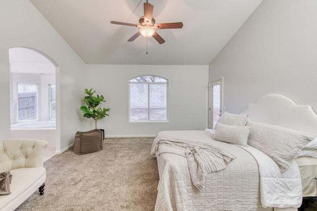 bedroom with carpet, lofted ceiling, and ceiling fan