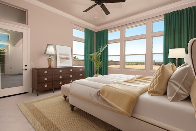 bedroom featuring crown molding and ceiling fan