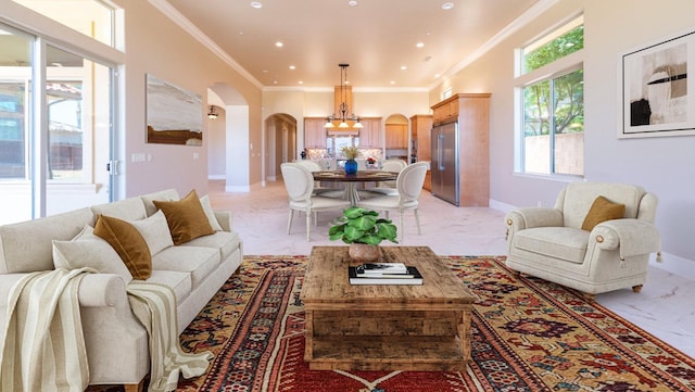 living room with baseboards, recessed lighting, arched walkways, crown molding, and marble finish floor