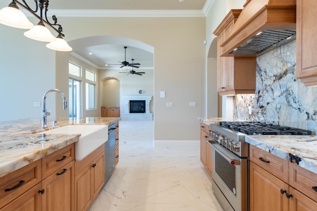 kitchen featuring decorative backsplash, premium range hood, stainless steel appliances, sink, and pendant lighting