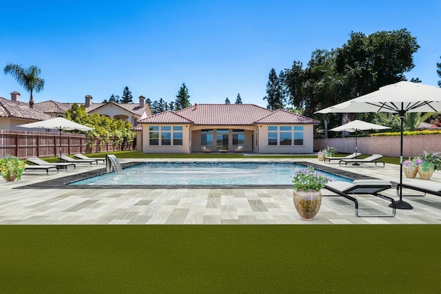 view of pool with a fenced in pool, a patio, and fence