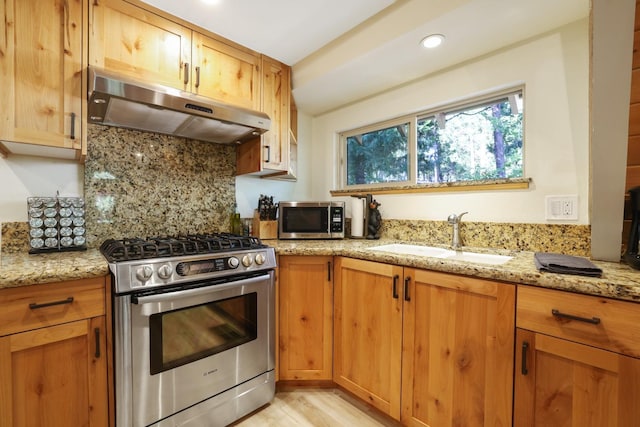 42270 Rockledge, Shaver Lake, CA 93664 - kitchen with stainless steel appliances, under cabinet range hood, light stone countertops, decorative backsplash, and light wood-style floors