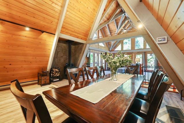 dining area with a wood stove, french doors, beam ceiling, light hardwood / wood-style floors, and wood ceiling