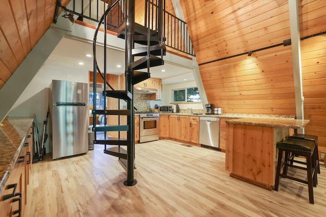 kitchen with high vaulted ceiling, wooden walls, light hardwood / wood-style floors, kitchen peninsula, and stainless steel appliances