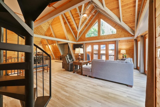 living room with beam ceiling, light hardwood / wood-style flooring, high vaulted ceiling, wooden ceiling, and wood walls