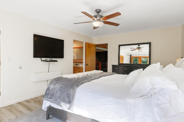 bedroom with ceiling fan and light hardwood / wood-style floors