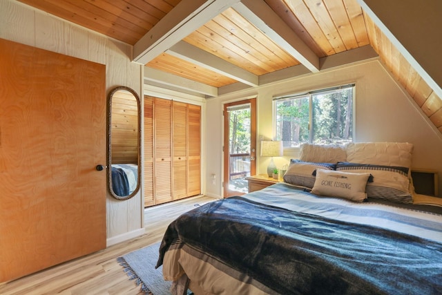 bedroom with wooden ceiling, vaulted ceiling with beams, access to exterior, light hardwood / wood-style floors, and a closet