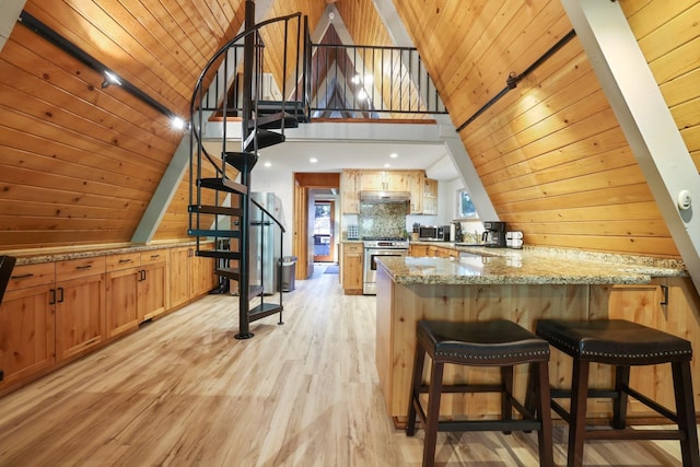 kitchen with wooden ceiling, light wood-type flooring, tasteful backsplash, kitchen peninsula, and stainless steel appliances