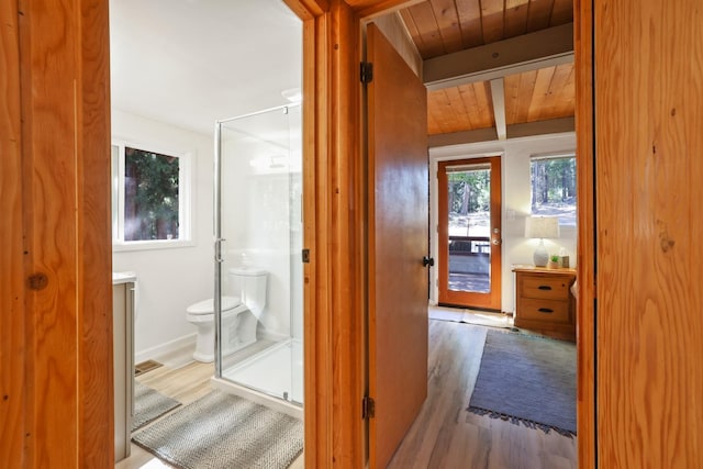 42270 Rockledge, Shaver Lake, CA 93664 - full bath featuring wood finished floors, a shower stall, a wood ceiling with exposed beams, and vanity