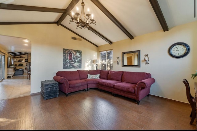 living room with high vaulted ceiling, visible vents, dark wood-style floors, beamed ceiling, and an inviting chandelier