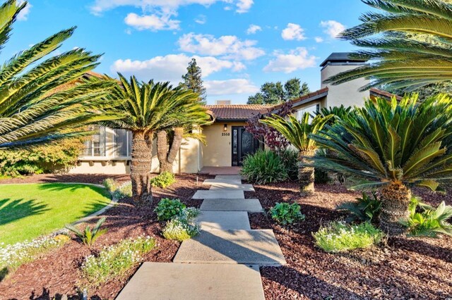 view of front of property with a tile roof, a front lawn, and stucco siding