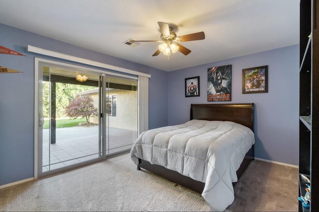 bedroom featuring access to exterior, carpet flooring, visible vents, and baseboards