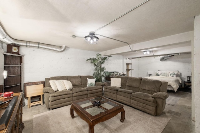 living room with a textured ceiling