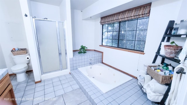 bathroom with tile patterned floors, toilet, and plus walk in shower